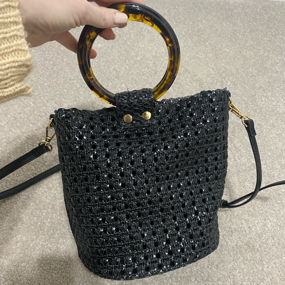 Mango Black Woven Crossbody Bag with Tortoiseshell Ring Handle